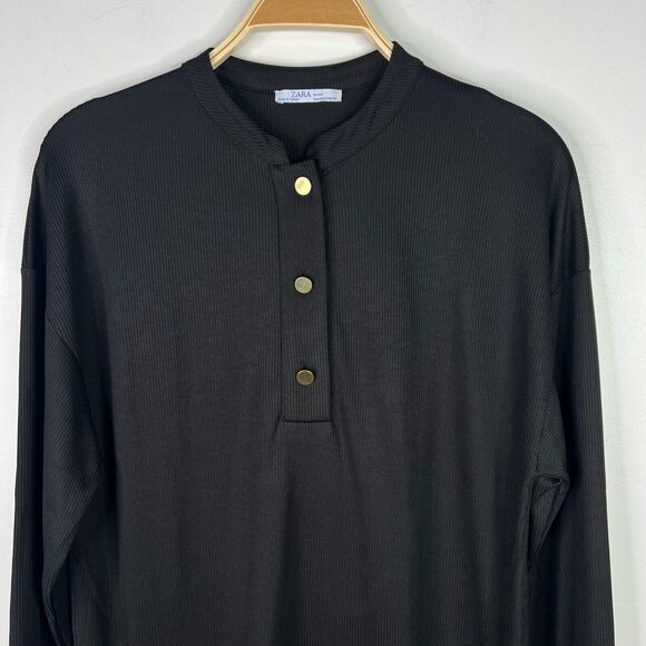 Zara Size Small Jaquared Drop Waist Brass Button Long Sleeve Black Swing Dress - Picture 3 of 7
